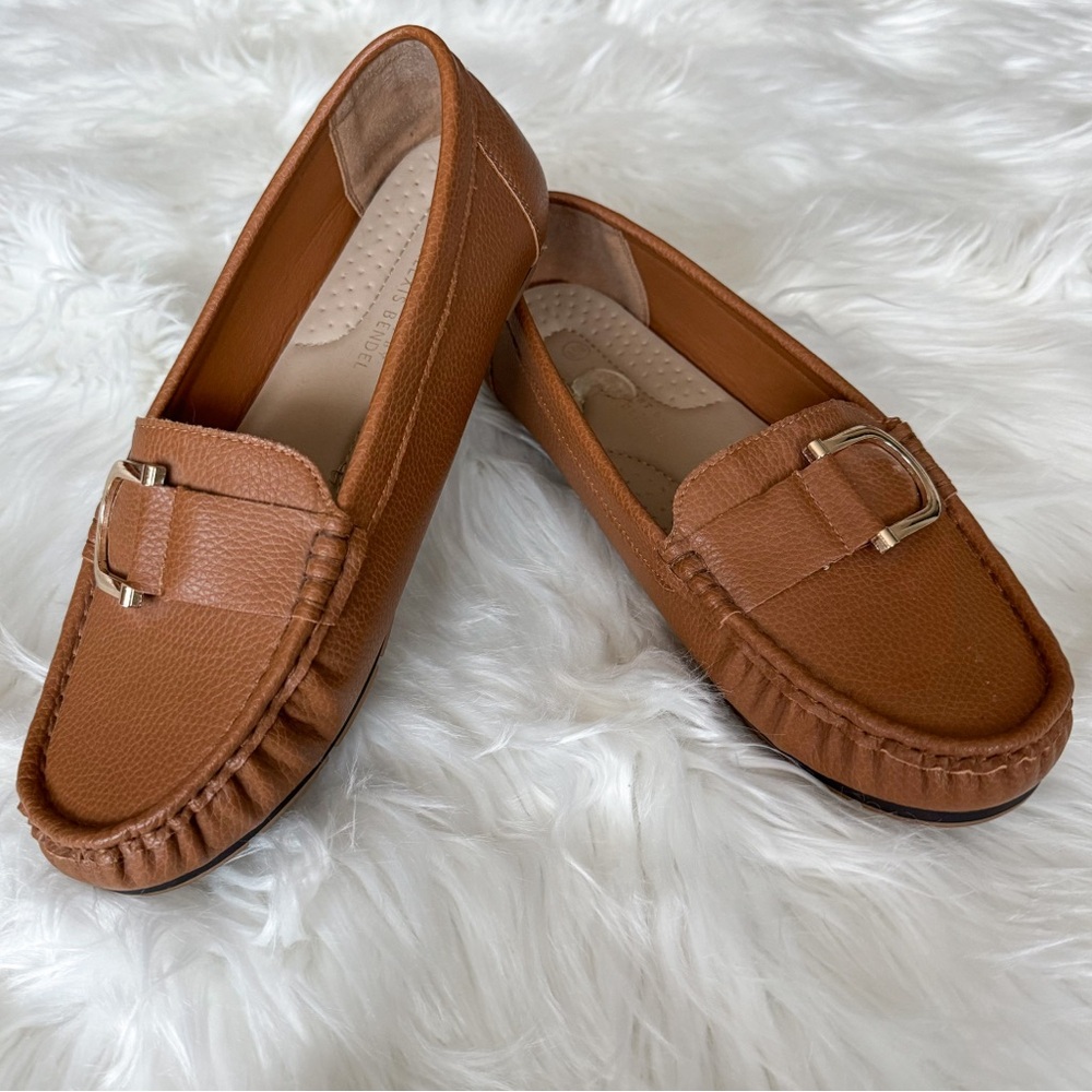 Alexis Bendel Camel Brown Loafers with Gold Buckle